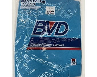 1988 Vintage NOS BVD Men's Pocket Tee Combed Cotton Pocket T Shirt Blue XL