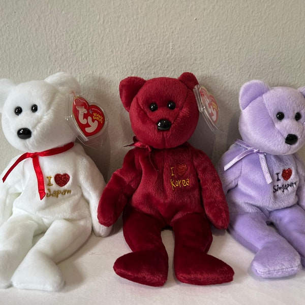 Ty Beanie Babies Choice of International Bears, I Love Japan, Korea, Singapore, Asia Pacific