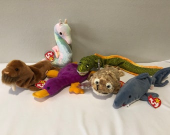 Ty Beanie Babies Choice of Water Animals, Patti the Platypus, Neon the Seahorse, Paul the Walrus, Crunch the Shark, Fins Seal, Morrie Eel