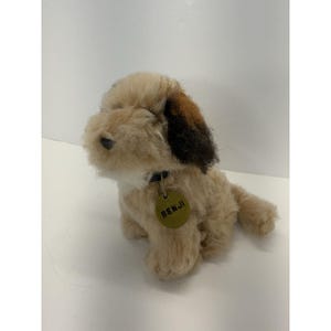 May include: A plush toy dog with brown and white fur. The dog is wearing a black collar with a gold tag that says "BENJI".
