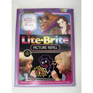 May include: A vintage Lite-Brite Picture Refill package featuring Disney's Beauty and the Beast. The package has a purple border and includes images of Belle and the Beast. The package contains 12 Lite-Brite pictures and 24 guide sheets.