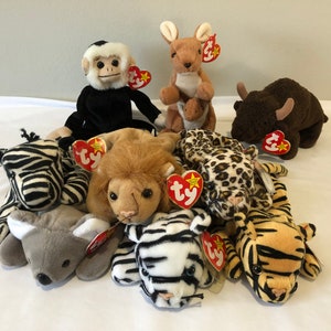 Ty Beanie Babies choice of Wild Animals, Mooch, Ziggy, Roary, Stripes, Blizzard, Mel, Roam, Pouch