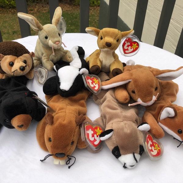 Ty Beanie Babies choice of woodland creatures, Whisper, Ringo, Sly, Nibbler, Prickles, Blackie, Bucky, Ears