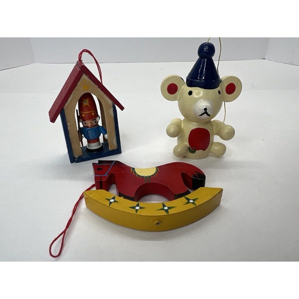 Vintage Wooden Christmas Ornament Set Of 3 Rocking Horse, Bear, And Toy Soldier