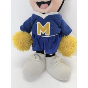 May include: A plush toy of a cartoon character wearing a blue jersey with a yellow "M" on the front, blue shorts, and white shoes. The character has yellow pom-poms for hands and a white collar.