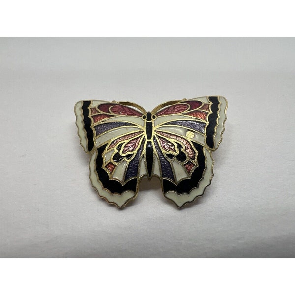 Vintage Cloisonné Enameled Butterfly Pin Broach Pendant Gold Pink Purple