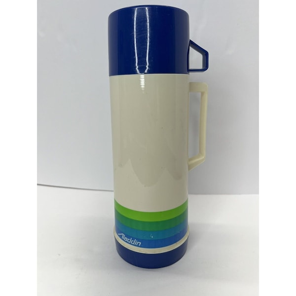 Vintage Aladdin Thermos Quart Size White With Blue Green Stripe Insulated 12”