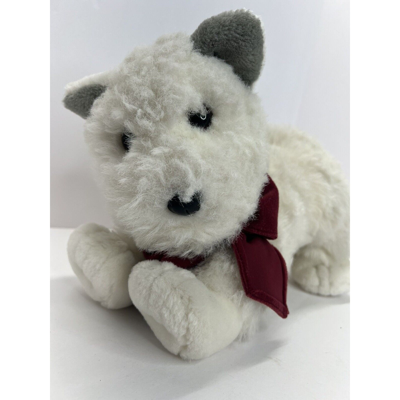 Vintage Commonwealth Plush White Terrier Dog 14” Red Maroon Bow Stuffed Toy