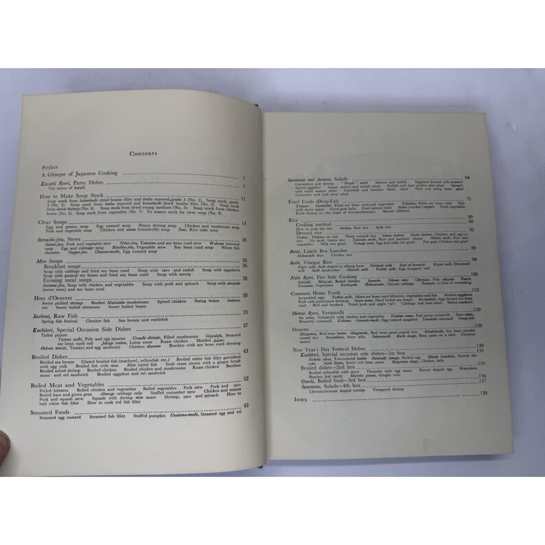 May include: Open cookbook with a table of contents. The pages are off-white with black text. The left page lists Japanese cooking topics like soups and boiled dishes. The right page lists fried foods and rice dishes.