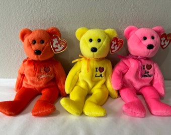 Ty Beanie Babies Choice of State Exclusive Bears, I Love California, L.A., San Francisco