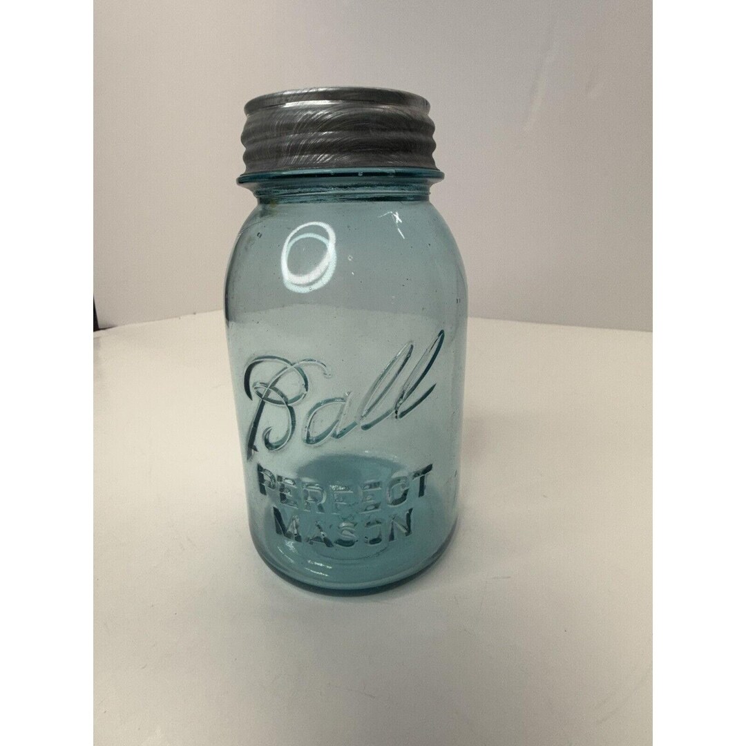 Vintage Ball Perfect Mason Quart Jar Blue #8 Mold With Zinc Lid
