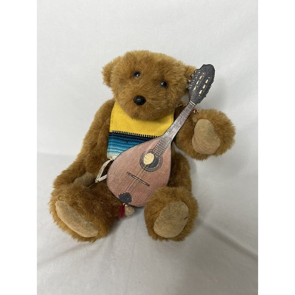Vintage Handmade Brown Jointed Teddy Bear With Guitar Banjo And Poncho 14” Plush