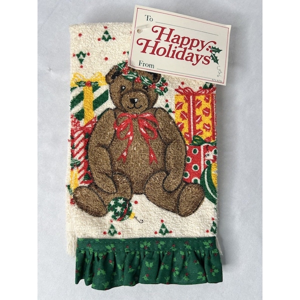 Vintage Christmas Hand Towel Holiday Teddy Bear with Packages Kitschy Kitchen