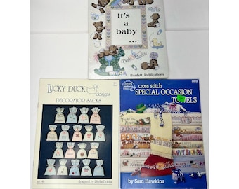 Lot Of 3 Cross Stitch Pattern Leaflets Books Special Occasion Towels, Baby, Sack