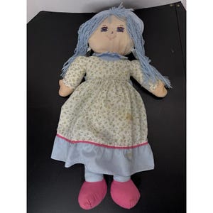 Vintage Cuddle Wit 25” Rag Doll Blue Yarn Hair Floral Dress Soft Cloth Plush