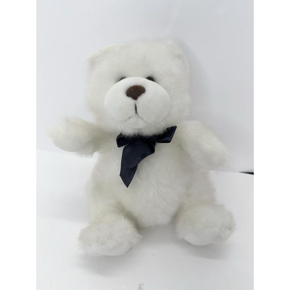 Vintage Walmart White Plush Bear Plush 10” Navy Blue Satin Bow Toy