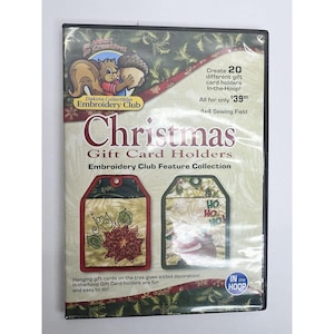 May include: A DVD featuring 20 Christmas gift card holders for embroidery machines. The DVD cover shows a red and green design with the text "Christmas Gift Card Holders" and "Embroidery Club Feature Collection".