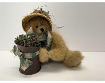Vintage Sitting Artist Designed Dressed Teddy Bear Plush 6” Gardening Rustic
