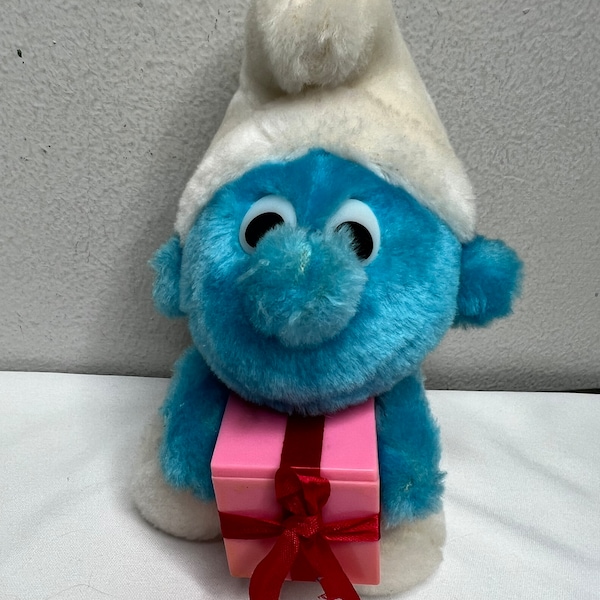 Vintage Smurfs Jokey Smurf w/ Gift 7” Plush Toy, Peyo 1983 Wallace Berries &Co.