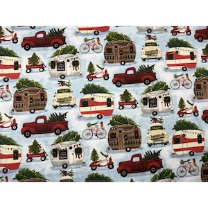 Red Truck And Vintage Campers Fabric Travel Trailer Moped Christmas 2 Yards