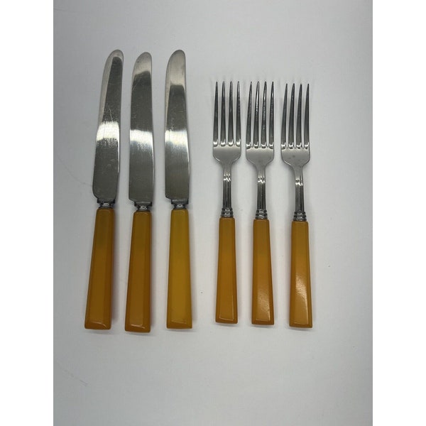 Vintage Royal Brand Cutlery Company Bakelite Butterscotch 6 pcs Fork Knives