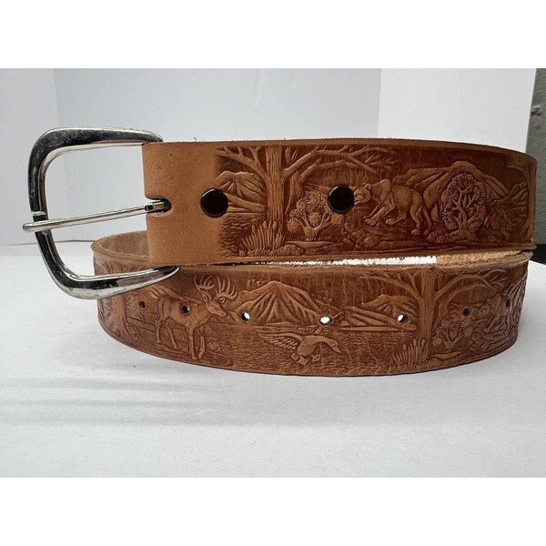 Vintage Hand Tooled Leather Belt Woodland Scene Deer Buck Duck Hunting Size XL