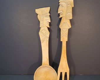 VTG OOAK Wood Carved Oversize Fork & Spoon with Sculpted Figure Heads, 14" Long, Beautiful Folk Artwork! Great House Warming Gift!!