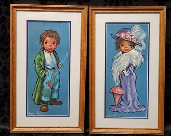 70s Pair Artist Barry Leighton Jones Framed Art Prints from Street URCHIN Series Big Eyed Kids 'Lady & The Tramp' Collectible Retro Mod Art