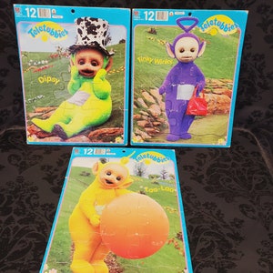 Lot de 3 casse-têtes surdimensionnés, 12 pièces en carton, 1998 Teletubbies par Ragdoll Hasbro Tinky Winky/LaaLaa/Dipsy Série télévisée populaire des années 90 pour enfants