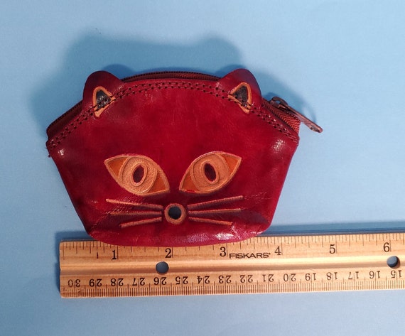 Super Cute Burgundy Red Tooled Leather Cat Coin H… - image 7