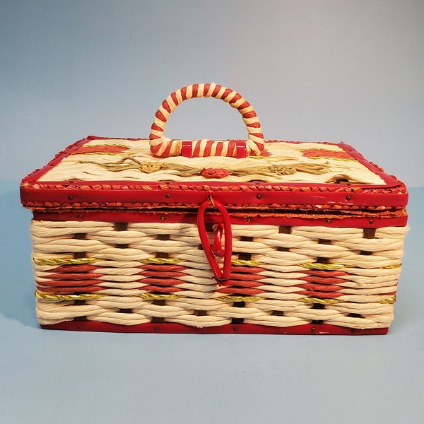 VTG 50s Small Japanese Sewing Basket with Hinged Lid, Red Satin Lined Interior Perfect Needle Point Work Basket! Great Gift Idea!