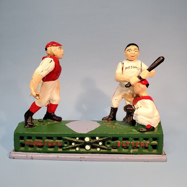 VTG 60s Baseball Cast Iron Bank  'Home Town Battery' Mechanical Coin Toss Bank, Super Fun, Very Collectible & Great Baseball Fan Gift Idea!