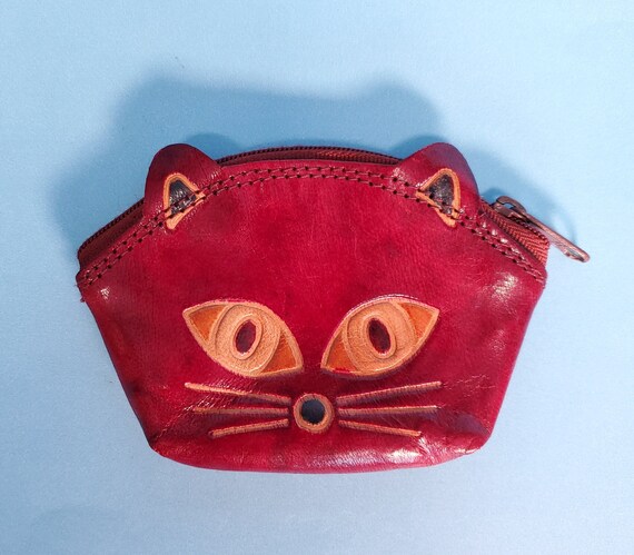 Super Cute Burgundy Red Tooled Leather Cat Coin H… - image 2