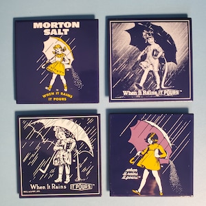ANDE ROONEY Advertisement Fridge Magnets &#39;Morton Salt: When it Rains It Pours&#39; Porcelain On Steel/ Neodymium Magnets Great Stocking Stuffers