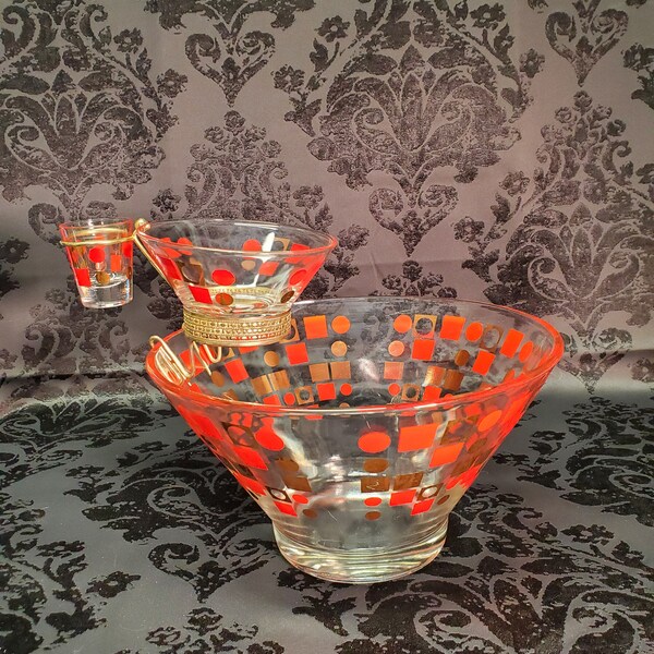 VTG 60s Chip N Dip & Toothpick Set of 4 'Mad Men' Style Red/Gold Modern Geometric Design Mid-Century Retro, Beautiful, Cool, Ready to Party!