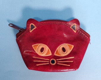 Super Cute Burgundy Red Tooled Leather Cat Coin Holder, Fun Animal Themed Change Holder, Great Stocking Suffer, Cool Gift for Cat Lover!