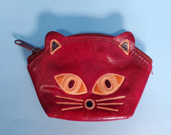 Super Cute Burgundy Red Tooled Leather Cat Coin H… - image 1