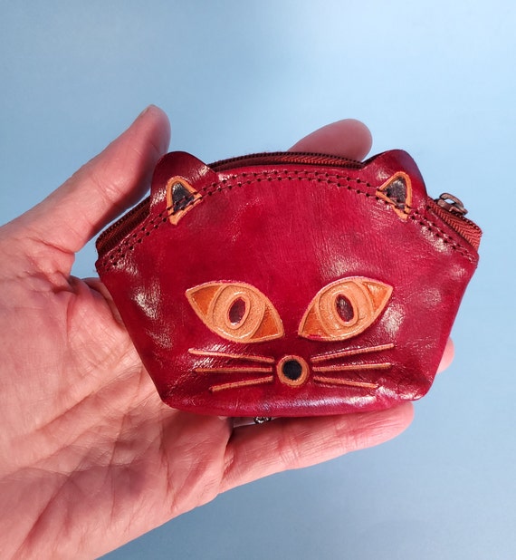 Super Cute Burgundy Red Tooled Leather Cat Coin H… - image 3