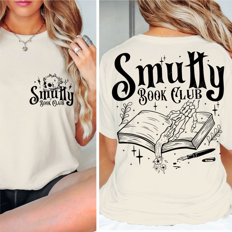 May include: A white t-shirt with a black graphic design on the front and back. The front design says "Smutty Book Club" with a skull and crossbones. The back design says "Smutty Book Club" with a skeleton hand reaching into an open book.