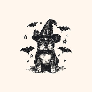 Sorcière bouledogue français Svg Png, Svg bouledogue Français, chapeau de sorcière svg, chien sorcière, svg Halloween, cadeau pour les amoureux des animaux, bouledogue, conception svg tête de chien