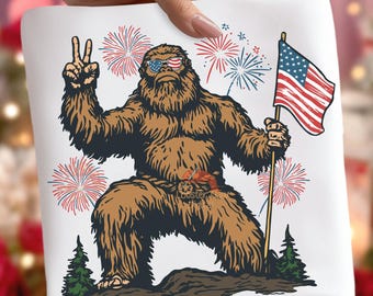 4th of July Bigfoot PNG | Patriotic Bigfoot USA Flag | Independence Day T-Shirt Design | American Bigfoot PNG