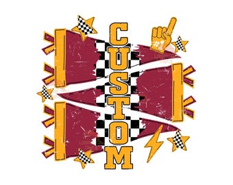 Custom Made to Order PNG, Checkered Doodle Design, Pennant Flag with Mascot Name Inside Flag, DTF, Sublimation, School Spirit png