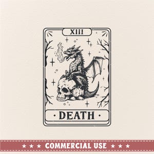 May include: Black and white illustration of a tarot card depicting Death, the 13th card in the Major Arcana. A dragon sits on a skull, breathing fire.