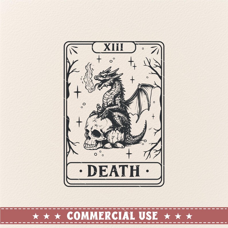 May include: Black and white illustration of a tarot card depicting Death, the 13th card in the Major Arcana. A dragon sits on a skull, breathing fire.