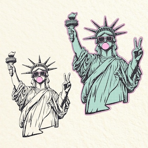 May include: Two illustrations of the Statue of Liberty wearing sunglasses and blowing a bubblegum bubble. One is black and white, the other is teal with a pink outline. Both figures hold a torch and make a peace sign.