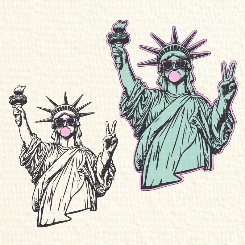 May include: Two illustrations of the Statue of Liberty wearing sunglasses and blowing a bubblegum bubble. One is black and white, the other is teal with a pink outline. Both figures hold a torch and make a peace sign.