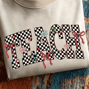 Neon Checkered TEACH PNG, Teacher Back to School PNG Neon Disstressed, Coquette 1st 2nd 3rd Grade Teacher Png, Hand Drawn,Colorful