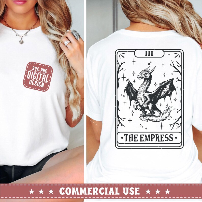 May include: A white t-shirt with a black and white illustration of a tarot card featuring a dragon and the text "III - THE EMPRESS - "
