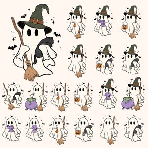 Bundle PNG de sorcière fantôme, Boo Png, fantôme mignon, png chat noir, chapeau de sorcière png, Halloween png, saison effrayante png, halloween