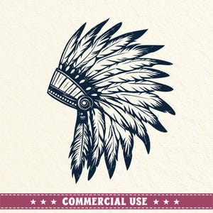 May include: Black and white illustration of a Native American headdress with feathers. The headdress is a traditional symbol of Native American culture.